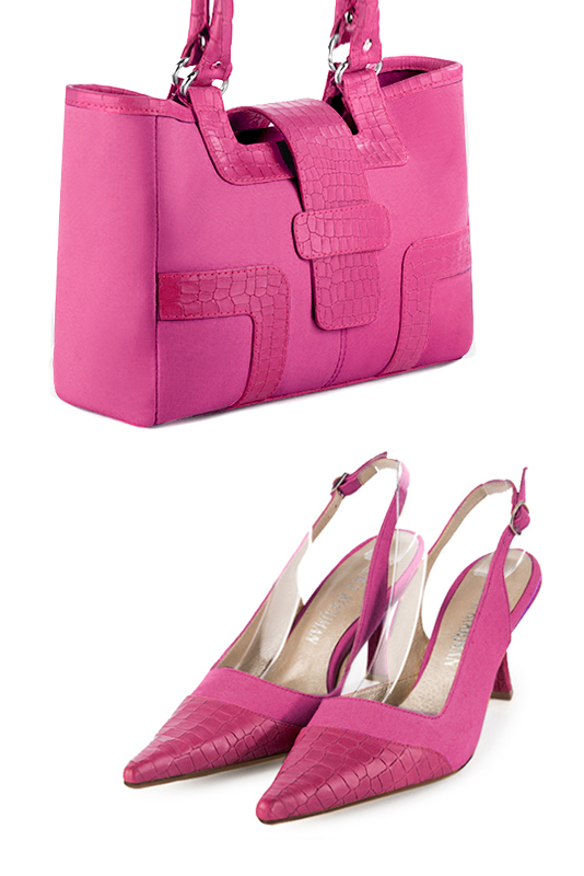 Fuschia pink women's dress handbag, matching pumps and belts. Top view - Florence KOOIJMAN